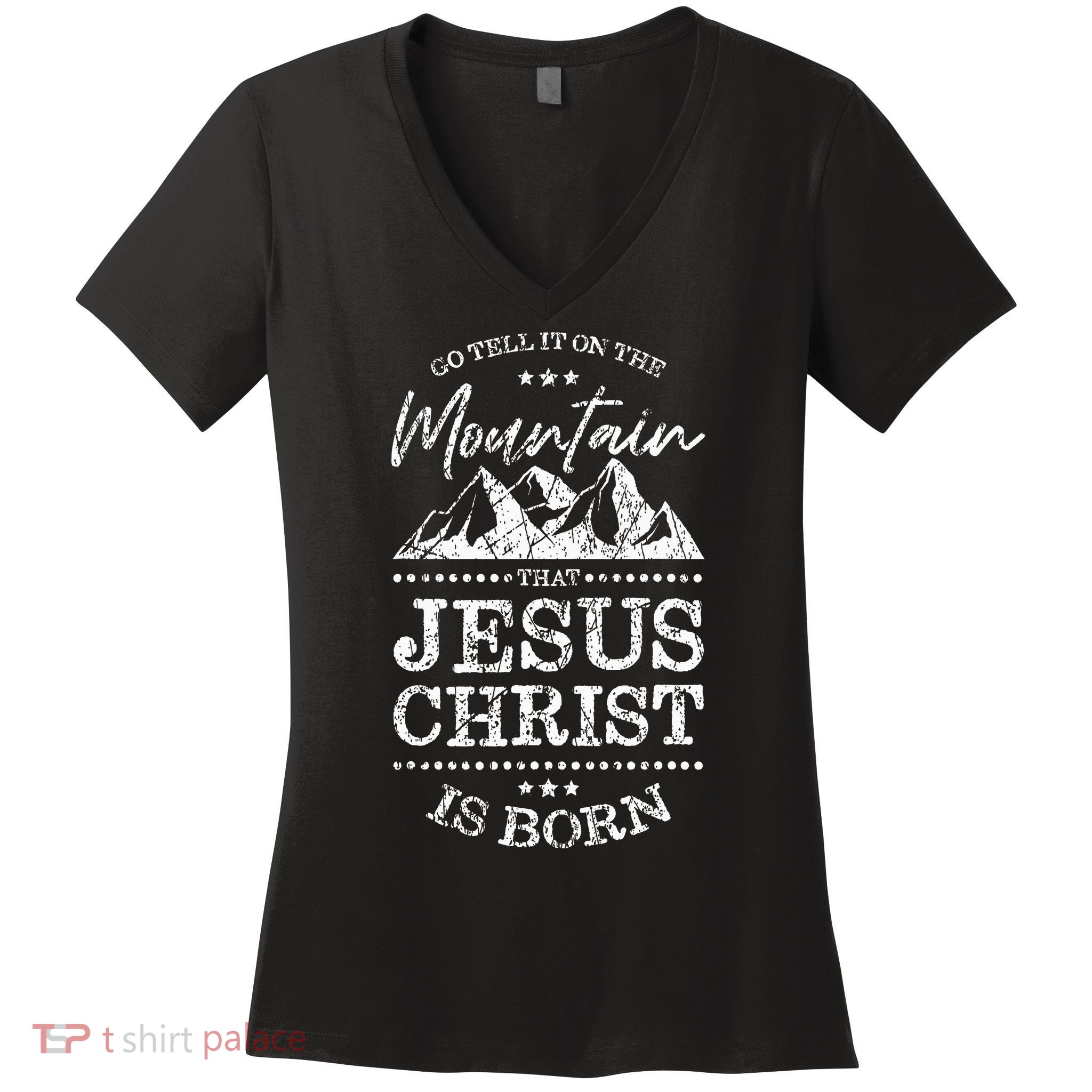 Christian Christmas Graphic S Go Tell It On The Mountain Women's V-Neck T-Shirt