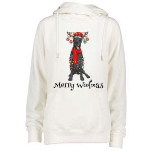 Christmas Cute Great Dane Dog Holiday Lights Merry Woofmas Gift Womens Funnel Neck Pullover Hood