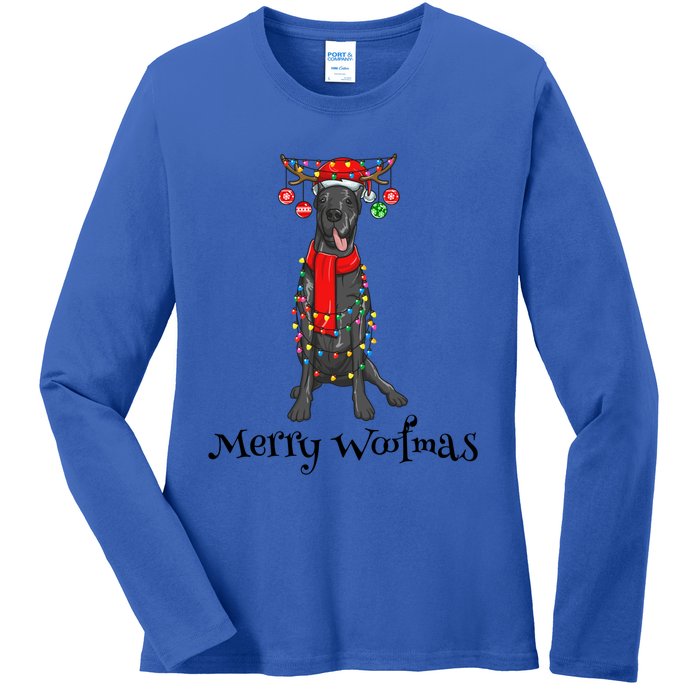 Christmas Cute Great Dane Dog Holiday Lights Merry Woofmas Gift Ladies Long Sleeve Shirt