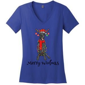 Christmas Cute Great Dane Dog Holiday Lights Merry Woofmas Gift Women's V-Neck T-Shirt