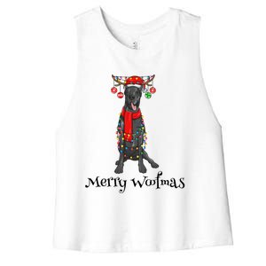 Christmas Cute Great Dane Dog Holiday Lights Merry Woofmas Gift Women's Racerback Cropped Tank