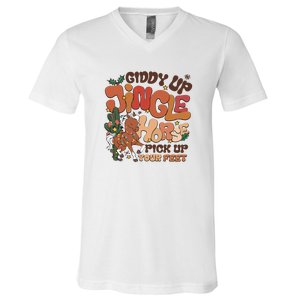 Cowboy Christmas Giddy Up Jingle Horse Pick Up Your Feet Howdy V-Neck T-Shirt