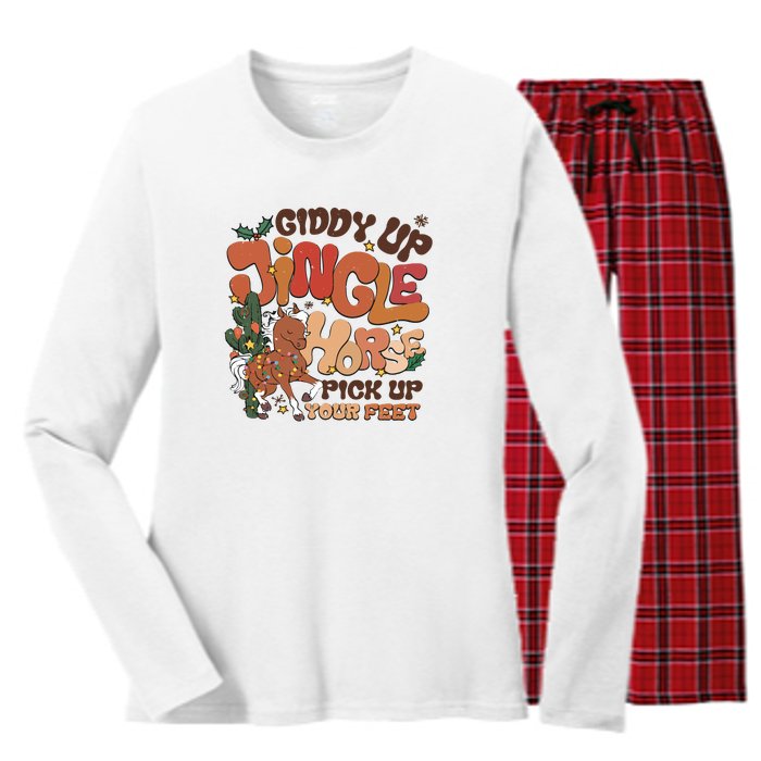 Cowboy Christmas Giddy Up Jingle Horse Pick Up Your Feet Howdy Women's Long Sleeve Flannel Pajama Set 