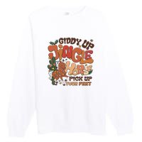 Cowboy Christmas Giddy Up Jingle Horse Pick Up Your Feet Howdy Premium Crewneck Sweatshirt