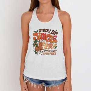 Cowboy Christmas Giddy Up Jingle Horse Pick Up Your Feet Howdy Women's Knotted Racerback Tank