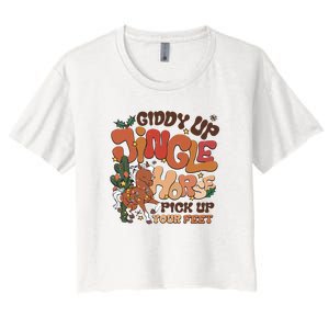 Cowboy Christmas Giddy Up Jingle Horse Pick Up Your Feet Howdy Women's Crop Top Tee