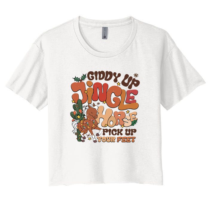 Cowboy Christmas Giddy Up Jingle Horse Pick Up Your Feet Howdy Women's Crop Top Tee