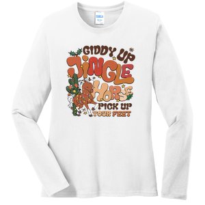 Cowboy Christmas Giddy Up Jingle Horse Pick Up Your Feet Howdy Ladies Long Sleeve Shirt