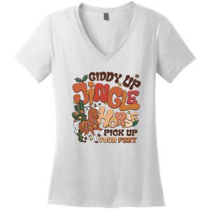 Cowboy Christmas Giddy Up Jingle Horse Pick Up Your Feet Howdy Women's V-Neck T-Shirt