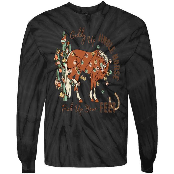 Cowboy Christmas Giddy Up Jingle Horse Pick Up Your Feet Tie-Dye Long Sleeve Shirt