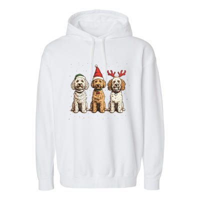 Cute Christmas Goldendoodle Dogs Santa Hat Reindeer Antlers Funny Gift Garment-Dyed Fleece Hoodie