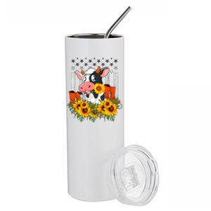 Cute Cow Gift Sunflower American Flag Cow Farmer Cool Gift Stainless Steel Tumbler