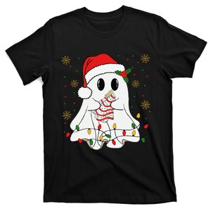 Cute Christmas Ghost Holding Tree Cake Candy Cane Xmas Light T-Shirt