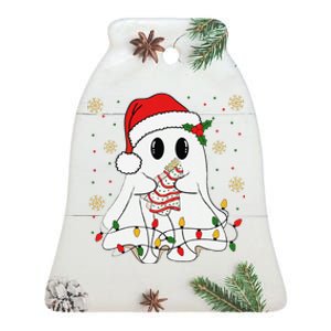 Cute Christmas Ghost Holding Tree Cake Candy Cane Xmas Light Ceramic Bell Ornament