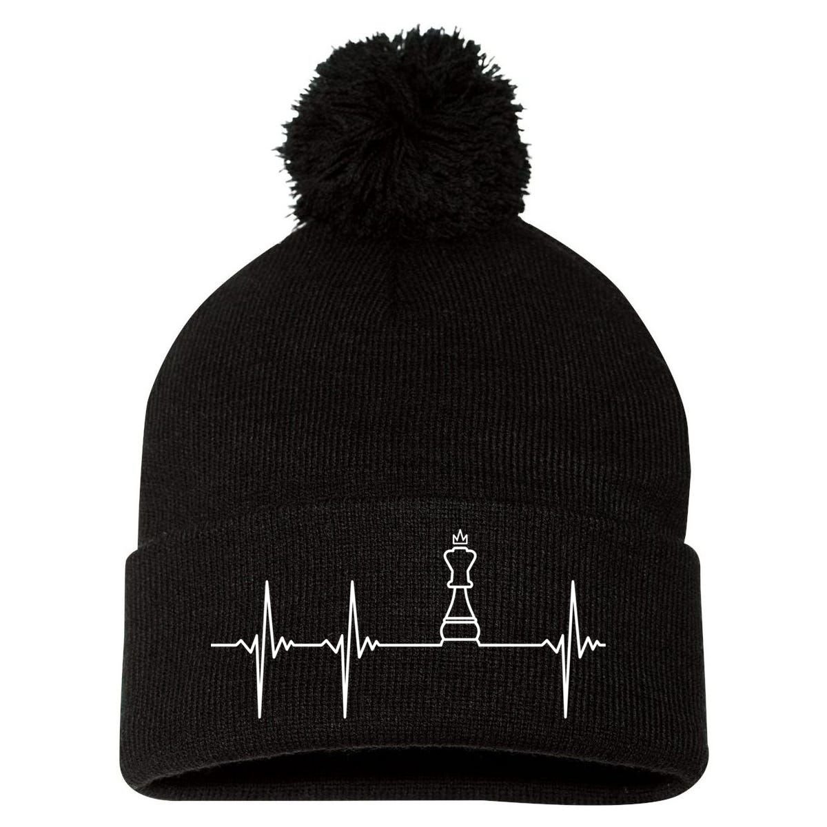 Chess Cool Gift Heartbeat King Piece Gift Chess Players Lovers Pom Pom 12in Knit Beanie