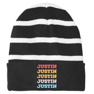 Cute Custom Gift Justin Name Personalized Striped Beanie with Solid Band