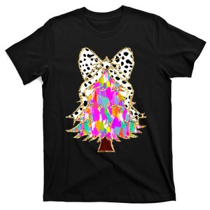 Colorful Coquette Golden Rainbow Christmas Tree Leopard Bow T-Shirt