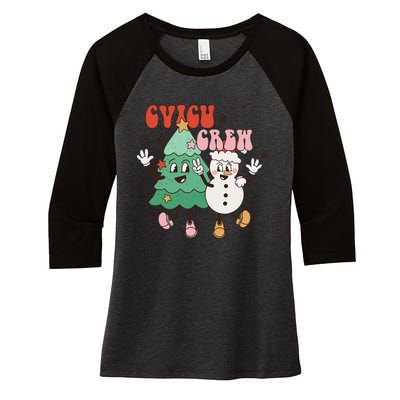 CVICU Crew Groovy Retro Christmas CVICU Nurse Holiday Pajama Women's Tri-Blend 3/4-Sleeve Raglan Shirt