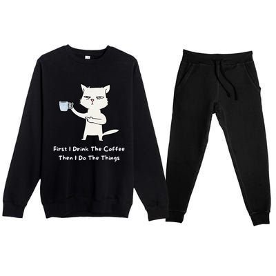 Cute Cat Gift For Kitten Lovers Funny Cat Drink Coffee Premium Crewneck Sweatsuit Set