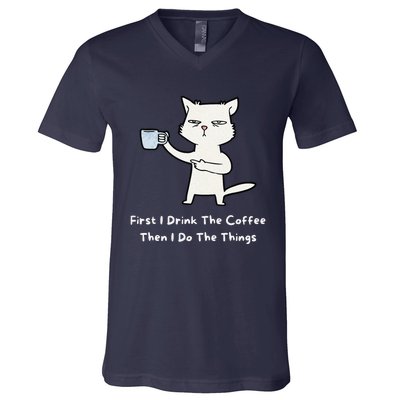 Cute Cat Gift For Kitten Lovers Funny Cat Drink Coffee V-Neck T-Shirt