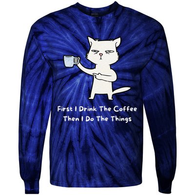 Cute Cat Gift For Kitten Lovers Funny Cat Drink Coffee Tie-Dye Long Sleeve Shirt