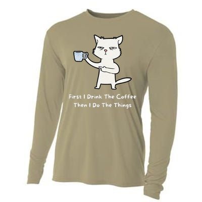 Cute Cat Gift For Kitten Lovers Funny Cat Drink Coffee Cooling Performance Long Sleeve Crew