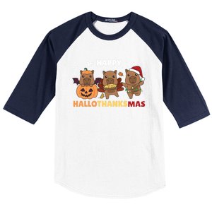 Capybara Christmas Halloween Costume Happy Hallothanksmas Gift Baseball Sleeve Shirt