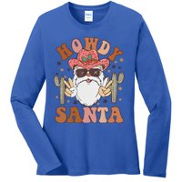 Christmas Cow Howdy Santa Western Vintage Cow Retro Gift Ladies Long Sleeve Shirt