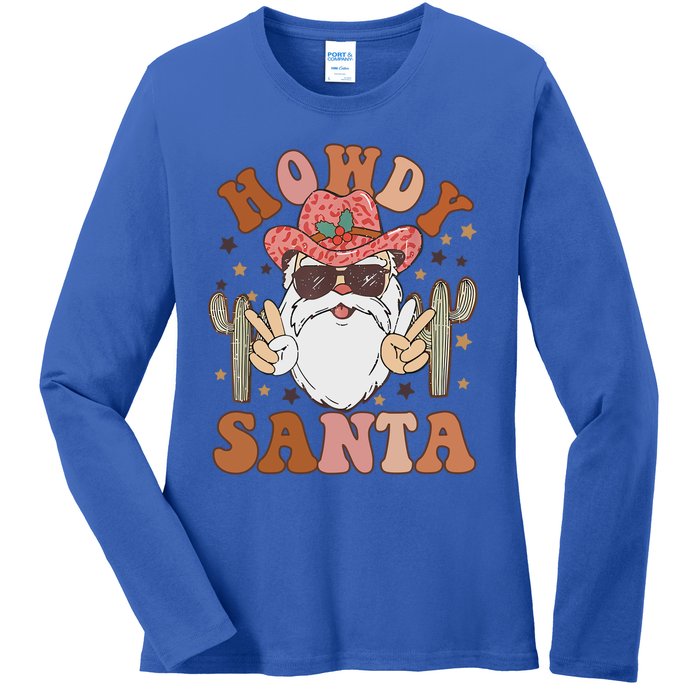 Christmas Cow Howdy Santa Western Vintage Cow Retro Gift Ladies Long Sleeve Shirt