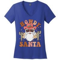 Christmas Cow Howdy Santa Western Vintage Cow Retro Gift Women's V-Neck T-Shirt