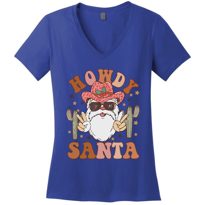 Christmas Cow Howdy Santa Western Vintage Cow Retro Gift Women's V-Neck T-Shirt