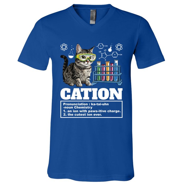 Cation Chemistry Humor Science Teacher Cat Pun Cat Lover Gift V-Neck T-Shirt