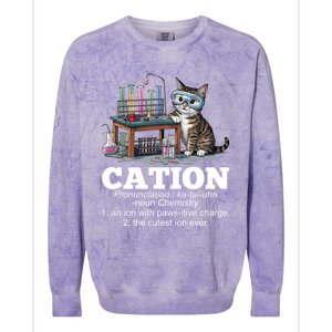 Cation Chemistry Humor Science Teacher Cat Pun Funny Gift Colorblast Crewneck Sweatshirt