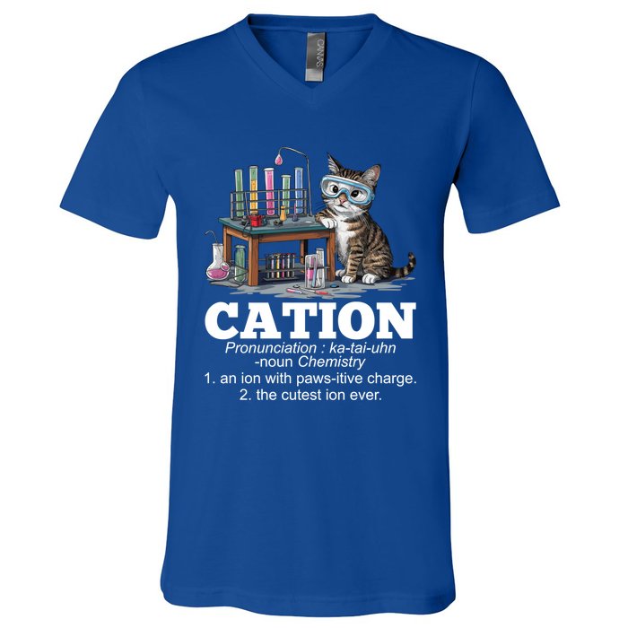 Cation Chemistry Humor Science Teacher Cat Pun Funny Gift V-Neck T-Shirt