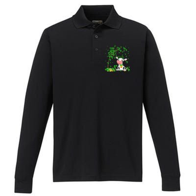 Cute Cow Holding Lucky Shamrock Leaf Farmer St Patrick's Day Performance Long Sleeve Polo