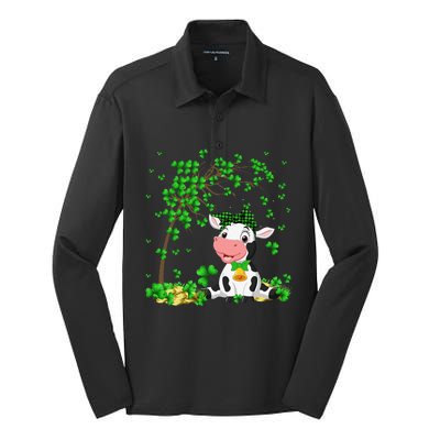 Cute Cow Holding Lucky Shamrock Leaf Farmer St Patrick's Day Silk Touch Performance Long Sleeve Polo