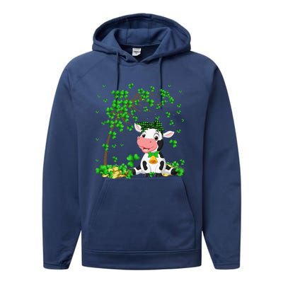 Cute Cow Holding Lucky Shamrock Leaf Farmer St Patrick's Day Performance Fleece Hoodie