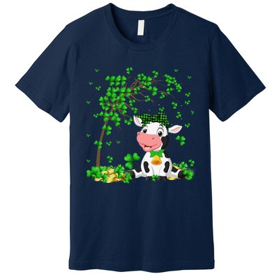 Cute Cow Holding Lucky Shamrock Leaf Farmer St Patrick's Day Premium T-Shirt