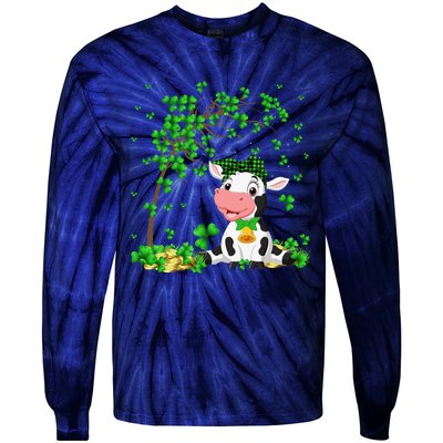 Cute Cow Holding Lucky Shamrock Leaf Farmer St Patrick's Day Tie-Dye Long Sleeve Shirt