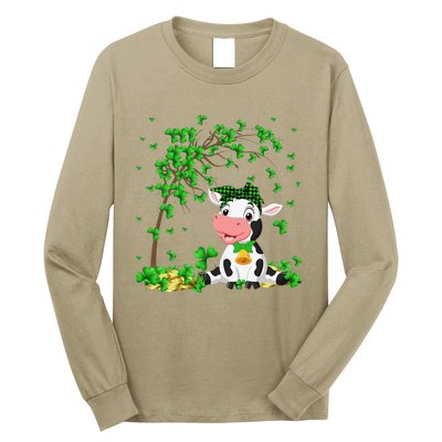 Cute Cow Holding Lucky Shamrock Leaf Farmer St Patrick's Day Long Sleeve Shirt