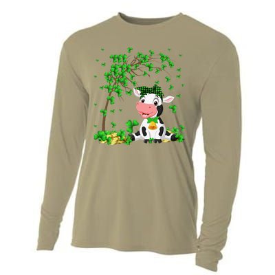 Cute Cow Holding Lucky Shamrock Leaf Farmer St Patrick's Day Cooling Performance Long Sleeve Crew