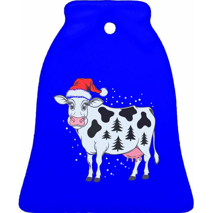 Christmas Cow Holiday Santa Hat Funny Gift Ceramic Bell Ornament