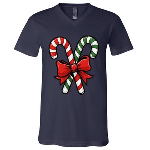 Candy Cane Holly Merry Christmas Happy Xmas Holidays V-Neck T-Shirt