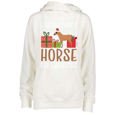 Cute Christmas Horse I Want A Horse Gift Womens Funnel Neck Pullover Hood