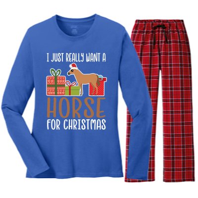 Cute Christmas Horse I Want A Horse Gift Women's Long Sleeve Flannel Pajama Set 