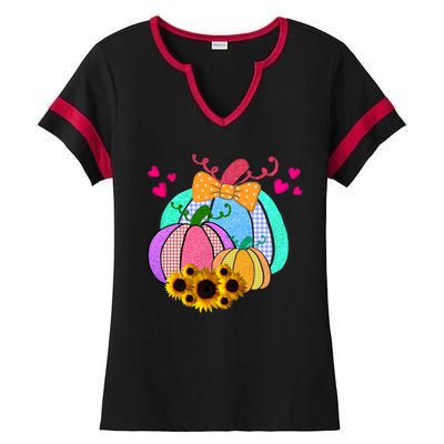 Colorful Cute Halloween Sunflower Pumpkin Ladies Halftime Notch Neck Tee