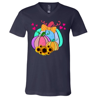 Colorful Cute Halloween Sunflower Pumpkin V-Neck T-Shirt