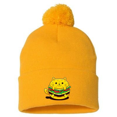 Cute Cat Hamburger Pom Pom 12in Knit Beanie