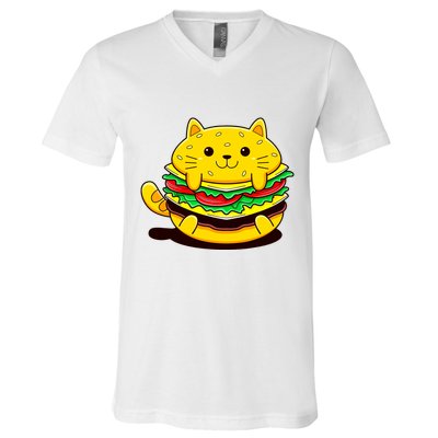 Cute Cat Hamburger V-Neck T-Shirt