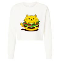 Cute Cat Hamburger Cropped Pullover Crew